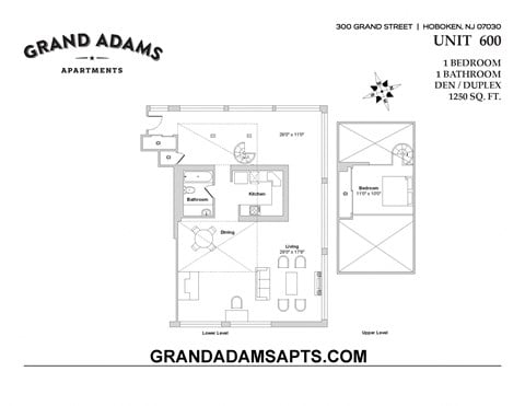 Floor plan for 1 bed, 1.5 baths, 1250 sqft
